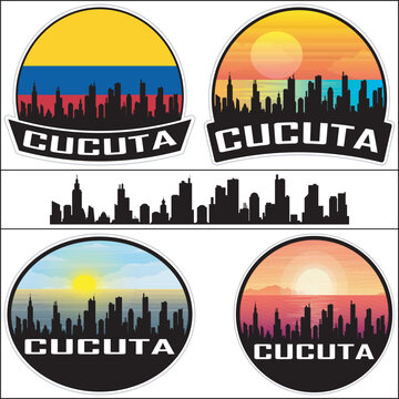 Cucuta Skyline Colombia Flag Cityscape Silhouette Travel Souvenir Sticker Sunset Isolated Vector