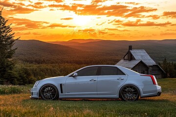 Fototapeta premium Elegant Car at Sunset Landscape