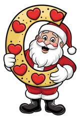 Cartoon Happy Santa Claus Holding the Letter C on White Background, Christmas Theme
