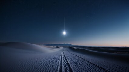 Bright star illuminating desert tracks under twilight sky