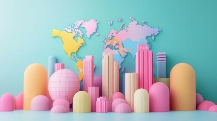 A vibrant, artistic representation of a city skyline featuring colorful geometric shapes against a world map backdrop.