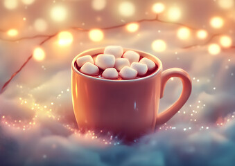 Cozy mug of hot chocolate topped with marshmallows, creating a warm and inviting Christmas and winter holiday atmosphere
