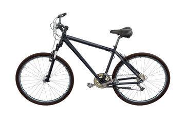 Black bicycle, side view. Black leather saddle and handles. Png clipart isolated on transparent background