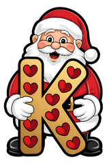Cartoon Happy Santa Claus Holding the Letter K on White Background, Christmas Theme