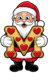 Cartoon Happy Santa Claus Holding the Letter M on White Background, Christmas Theme