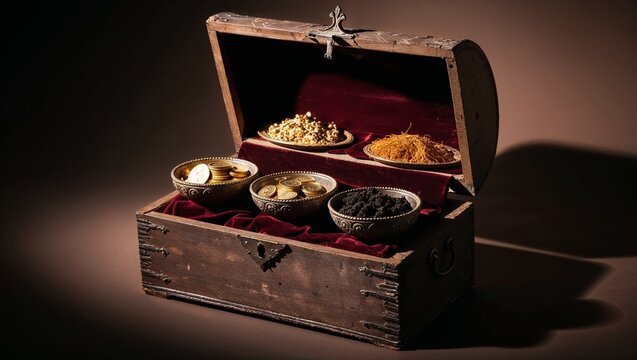 Wooden chest with bowls of gold, frankincense, and myrrh