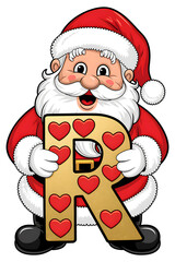 Cartoon Happy Santa Claus Holding the Letter R on White Background, Christmas Theme