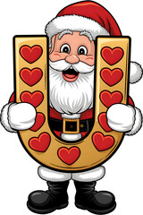 Cartoon Happy Santa Claus Holding the Letter U on White Background, Christmas Theme