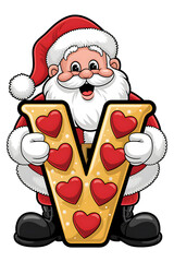 Cartoon Happy Santa Claus Holding the Letter V on White Background, Christmas Theme