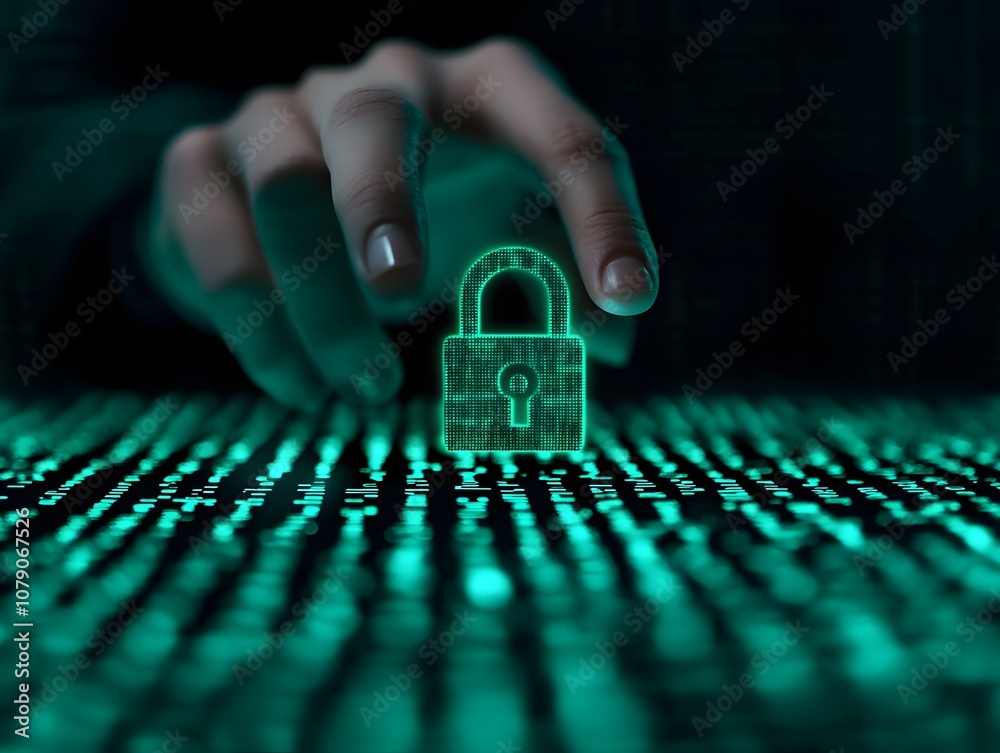 Poster Digital security concept with a glowing lock symbolizing data protection as a hand reaches out in a cyber environment filled with binary code and green lights.