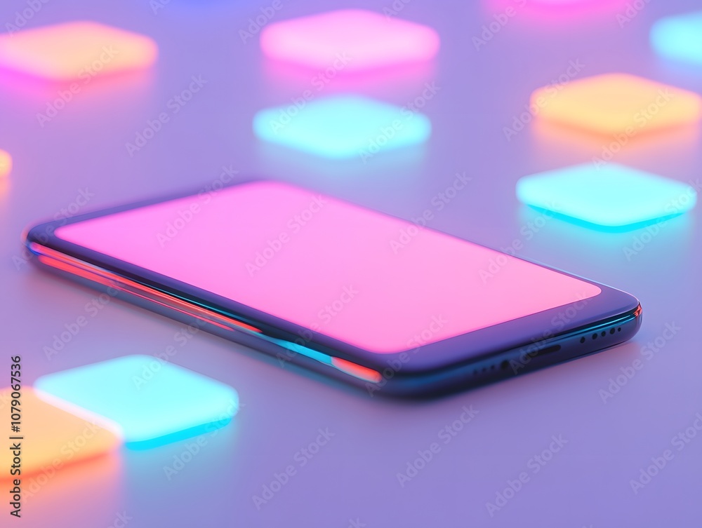 Poster Stylish smartphone with a vibrant neon glow placed on a colorful background of illuminated squares, emphasizing modern technology and aesthetic appeal for creative projects.