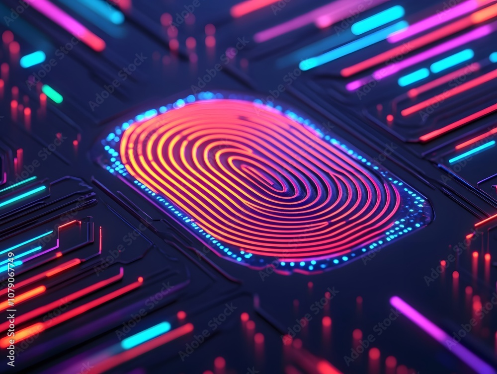 Poster High-Tech Fingerprint Sensor with Vibrant Neon Colors Representing Security and Modern Technology on a Digital Circuit Background