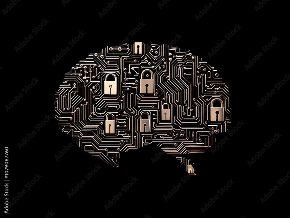 Poster Abstract Representation of a Human Brain Merging with Digital Technology and Cybersecurity Concepts Featuring Lock Symbols and Circuit Board Patterns