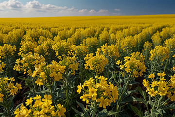 Obraz premium Field of colza rapeseed yellow flowers and blue sky