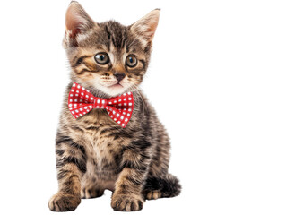 Fototapeta premium Adorable tabby cat with a red bow tie, sitting on a transparent background. 