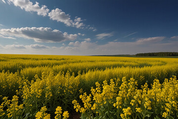 Obraz premium Field of colza rapeseed yellow flowers and blue sky