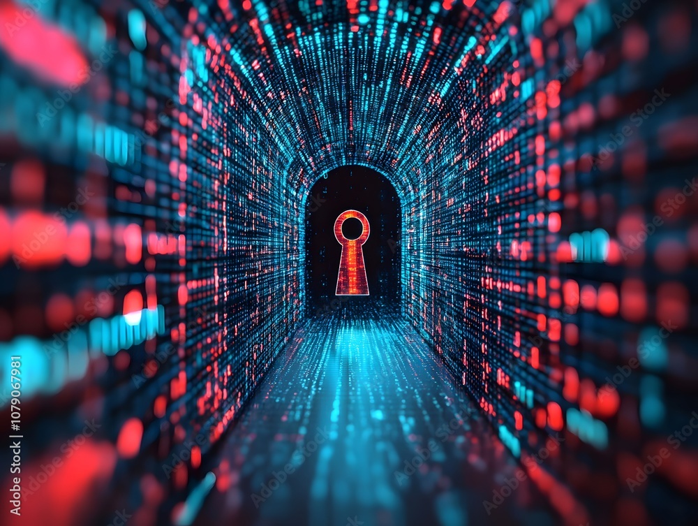Aufkleber Abstract Digital Tunnel Leading to a Keyhole with Glowing Binary Code Representing Data Security and Technology Concepts in a Cyber Environment