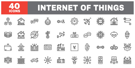 Set of 40 line icons internet of things. Outline icon collection. Editable stroke. Vector illustration.