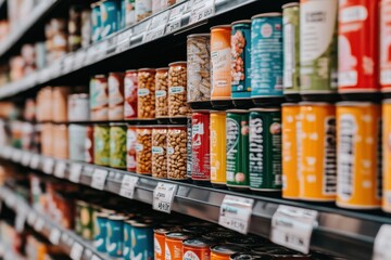 Fototapeta premium Colorful Canned Goods on Grocery Shelf