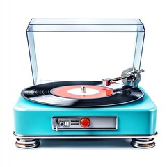 Fototapeta premium Retro turntable with a unique blue design playing a vinyl record, showcasing a nostalgic vibe, perfect for music enthusiasts. on a white background