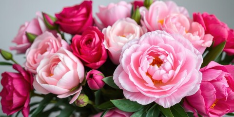 Obraz premium A beautiful arrangement of pink peonies and roses with plenty of copy space, bouquet, roses, fresh