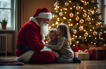 Two kids sit at Santas feet, wrapping their arms around him in a warm embrace. The background glows with a tall Christmas tree, shimmering with golden and silver decorations, capturing the spirit of
