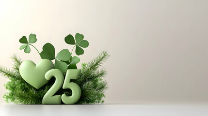 Happy New Year 2025! Decoration with hearts horseshoesfour leaf clover and number 2025