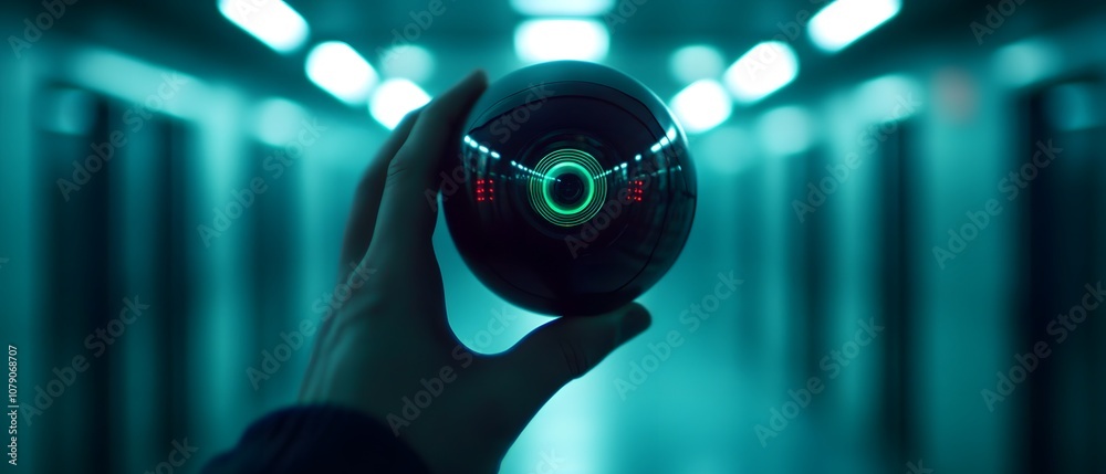 Poster Futuristic Glowing Sphere Held by a Hand in a Dimly Lit Corridor with Neon Blue Lights and Abstract Patterns Emphasizing Technology and Innovation