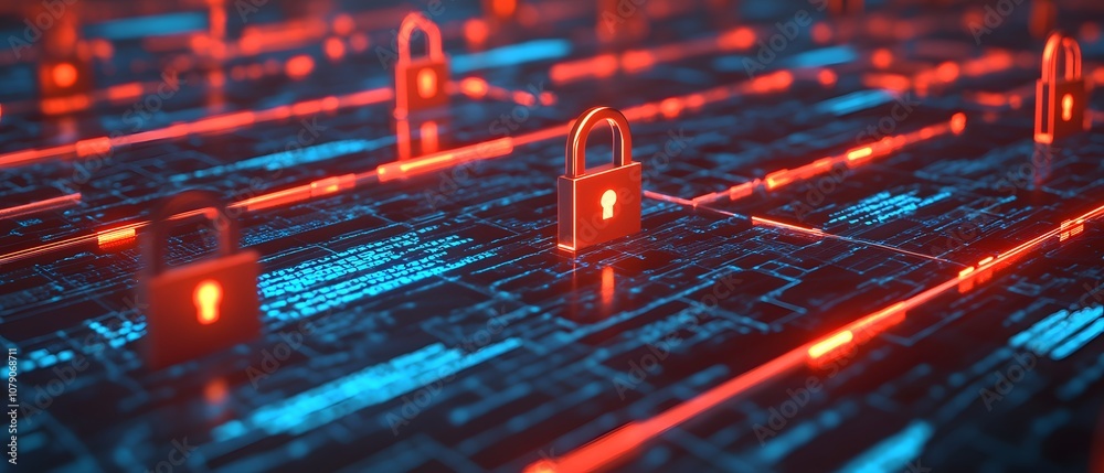 Aufkleber red and blue digital cybersecurity locks representing data protection and internet safety amidst abs