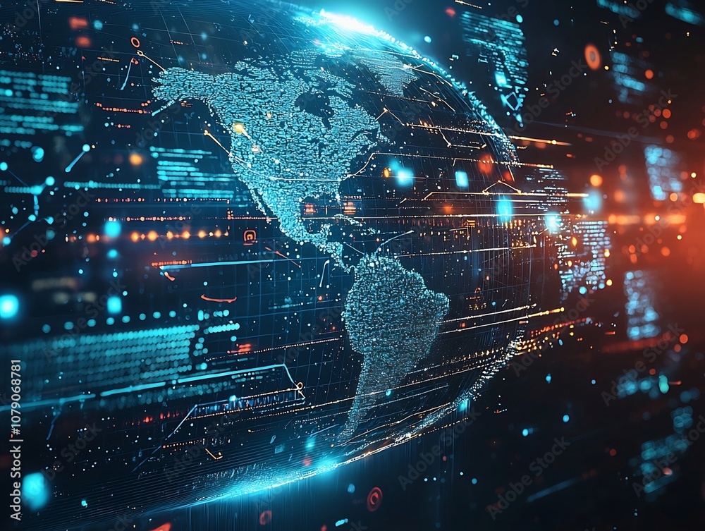 Poster global metrics visualized in holographic digital interface representing planet earth s data