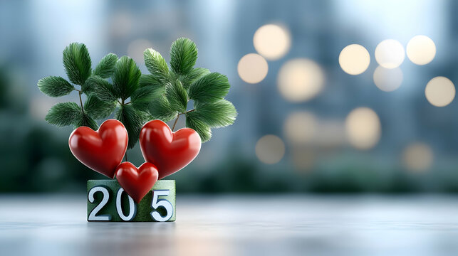 Happy New Year 2025! Decoration with hearts horseshoesfour leaf clover and number 2025