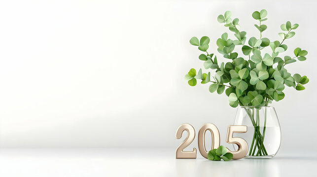 Happy New Year 2025! Decoration with hearts horseshoesfour leaf clover and number 2025
