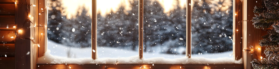 Cozy Snowy Window View with Falling Snowflakes and Soft Winter Glow, Holiday Atmosphere