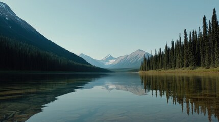 Obraz premium A serene landscape featuring a calm lake reflecting mountains and dense pine forests under a clear blue sky.