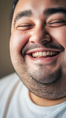 Obraz premium Close-up of an obese man smiling, soft natural light highlighting features, casual attire, neutral background, positive and dignified mood, capturing warmth and personality