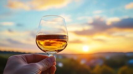 Brandy Glass Reflecting Serene Sunset Skyline in Tranquil Evening Scene