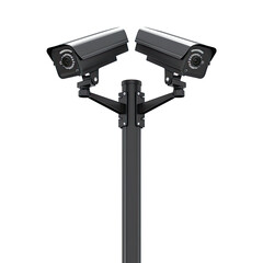 Twin security cameras mounted on a pole for surveillance purposes. Cut out or PNG.