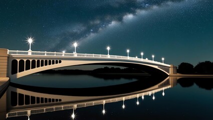 Fototapeta premium A beautiful night view of a modern bridge illuminated by bright lights, reflecting in the calm waters beneath a starry sky.