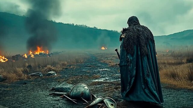 Lone warrior gazes over desolate battleground with fallen armor. Concept of historical warfare and scenes of devastation.