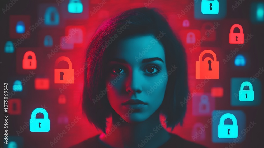 Aufkleber a woman surrounded by digital lock icons representing online security and privacy concerns in a mode