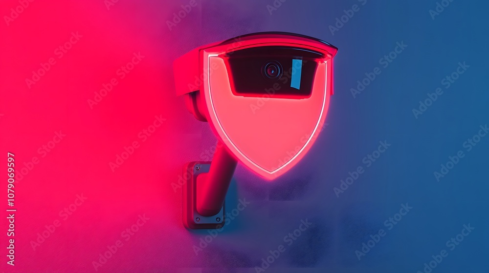 Poster futuristic security camera design with neon lighting and shield shape, emphasizing enhanced surveill