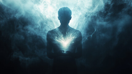 A close-up of a luminous, ethereal figure standing in darkness, with light radiating from their heart, symbolizing inner spirit
