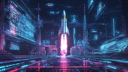 Futuristic Space Rocket Taking Off from Neon Lit Launch Pad at Night with Glowing Holographic Interfaces