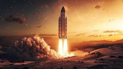 Obraz premium Majestic Space Rocket Launches from Desert Landscape at Radiant Sunrise