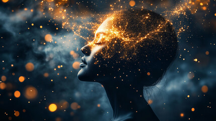 A human figure with a glowing thread connecting them to the stars, symbolizing the connection between the soul and the cosmos