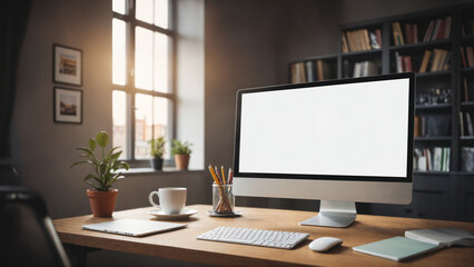 Naklejka premium A clean, minimalist workspace with a desktop computer and a cup of coffee, ready for work