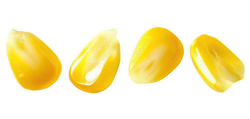 Closeup of yellow corn kernels isolated on a transparent background.