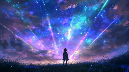 Fototapeta premium A personâs silhouette standing in a field under a bright night sky, with beams of light connecting them to the stars above