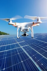 Drone flying over solar panels under a clear blue sky