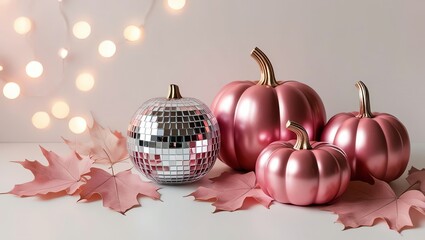 Obraz premium A decorative arrangement featuring pink metallic pumpkins and a disco ball, resting on autumn leaves against a soft background with fairy lights. on a white background